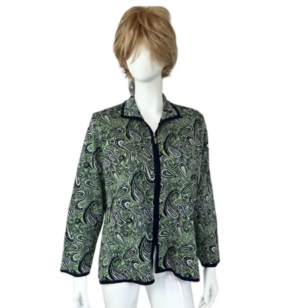 Misook Zippered Paisley Sweater Green Black Collared Lagenlook Cardigan Size XL